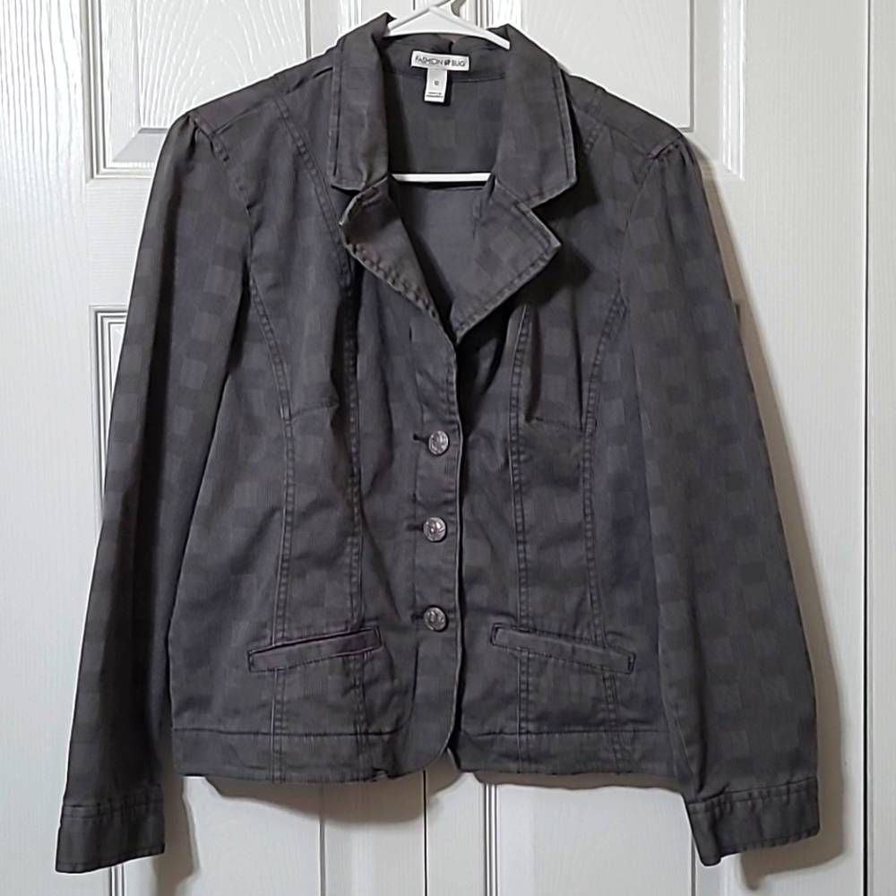 Gray Denim Jacket W/Pockets, Plaid Design  Size 12, Vintage 90's, Excellent Cond